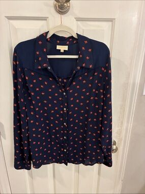 ModCloth retro Navy Button-Up Blouse with Small Red Floral Print